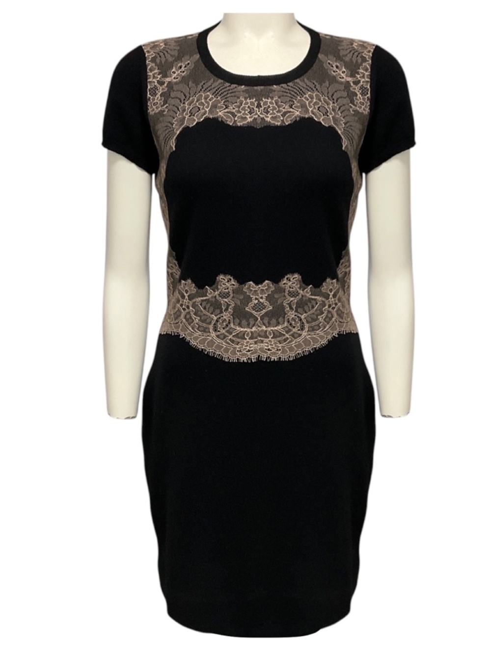 VALENTINO BLACK / NUDE LACE TRIMMED SHORT SLEEVED KNIT MIDI DRESS